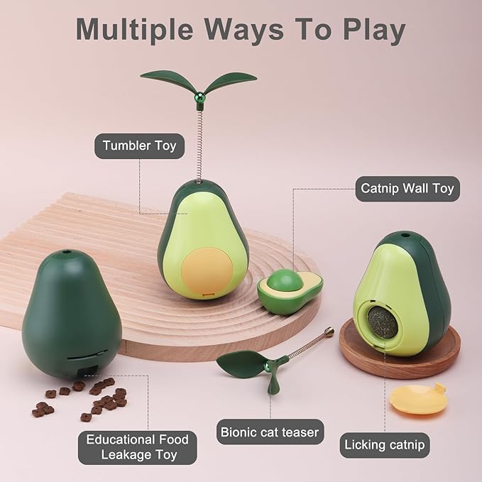 3-in-1 Cat Catnip Toys-Interactive Cat Toys for Indoor Cats, Catnip Toys for Cats with Feather Cat Toy Wand & Cat Treat Dispenser, Tumbler Avocado Cat Puzzle Feeder