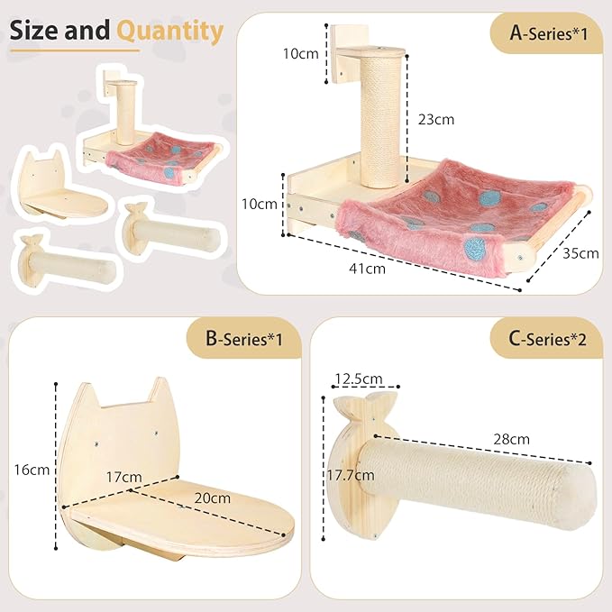 TONY HOBY Cat Wall Shelves, Cat Scratching Post, Wall Cat Hammock, Cat Wall Steps Indoor Playground (4 Pcs)
