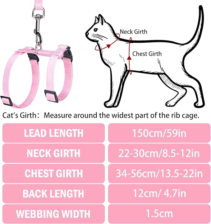 PUPTECK Adjustable Cat Harness and Leash Set Escape Proof Kitten Strap Collar for Walking Travel, Pink, M