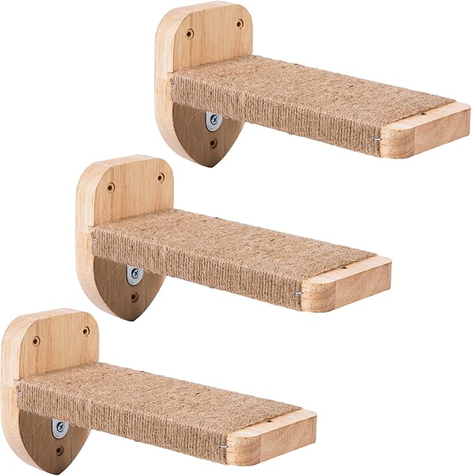 3pcs Cat Wall Steps, Cat Climbing Wall Mounted Cat Furniture, Cat Wall Shelves Cat Steps for Wall with Hemp Rope Covered, Solid Wood Cat Ladder for Cats Playing and Climbing (Large-Wood)