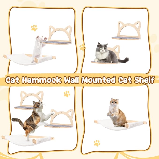 Defined Deco Cat Wall Shelves, Wall Mounted Cat Shelves and Perches with XXL Cat Hammock and 2 Cat Climbing Steps, Cat Furniture with Scratching Climbing Mat for Playing, Sleeping, and Lounging