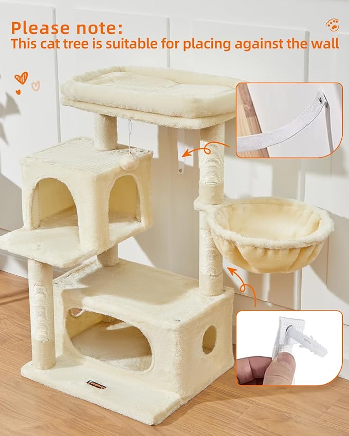 Taoqimiao Cat Tree,37.8-Inch Cat Tower for Indoor Cats,2 Luxurious cat condo with Adjustable Large Hanging Baskets and Large Luxurious Perch Beige MS029M