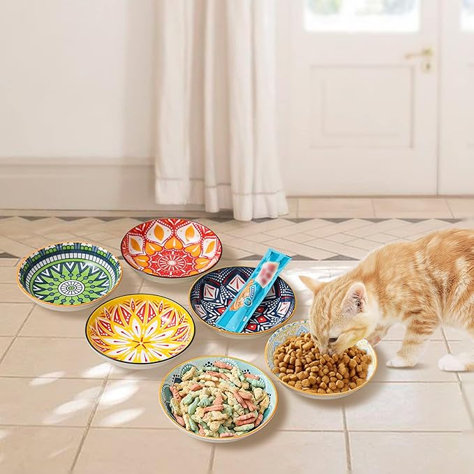 5.5 inch Wide Shallow Cat Food Bowl Set for Relief Whisker Fatigue -Ceramic - 6 Colorful Cute Small Flat Kitten Feeding Dish/ Dishes - Microwave and Dishwasher Safe - 8 oz