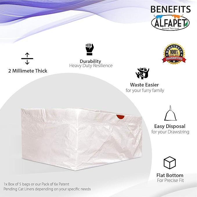 Alfapet cat Litter Box Liners Extra Large 15 count Heavy Duty 2 mil Thick Plastic, Clever Drawstring Liner for Easy Disposal- Flat Bottom for Easy, Secure Placement in Kitty Pan-Disposable