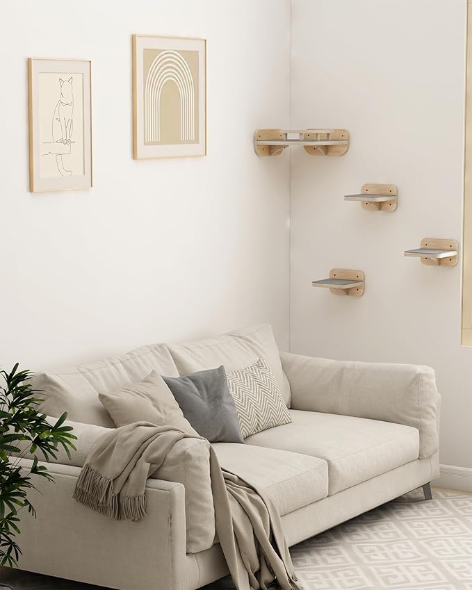 Megidok Cat Wall Furniture Corner Climbing Shelf Perches, Cat Bed Wall Mounted with 3 Wide Steps,Modern Floating Stairs for Wall Indoor Cats up to 22 Lbs for Cat - Wood Color