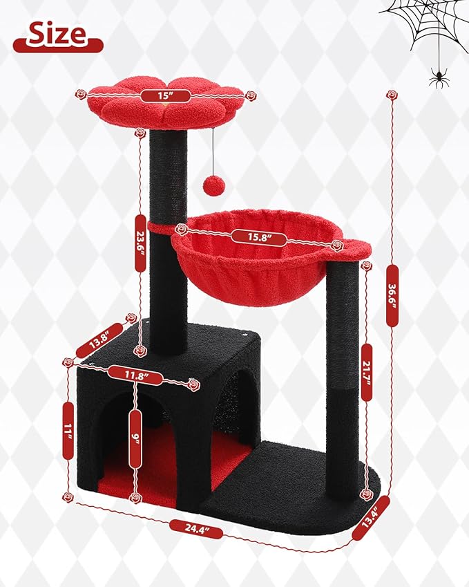 Flower Cat Tree with Black Scratching Posts, 35" Gothic Cat Tower with Large Metal Frame Hammock for Small Indoor Cats, Coffin Cat Condo with Cute Perch for Kittens Halloween, Black