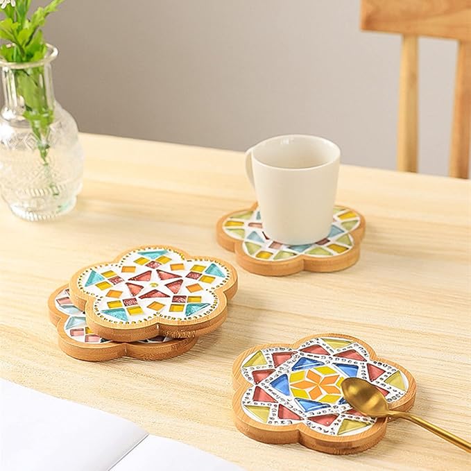 4PCS Mosaic Bamboo Coasters for Crafts, Blank Base Trays, Drinking Cup Coaster, Plant Coaster, Art Plate,DIY Mosaic Supplies (Rectangle)