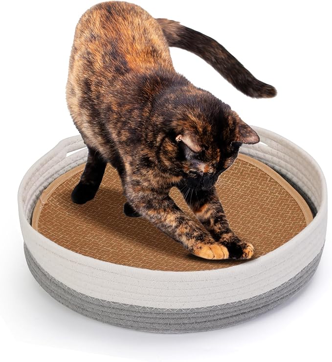 Round Cat Bed for Indoor Cats, Cat Basket Bed, Wicker Cat Donut Beds, Cooling Cat Nest for Summer Sleeping, Washable Pet Pad for Cat Scratching,Grey with Scratching Pad
