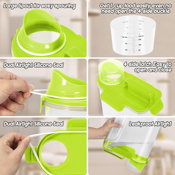 10 LBS Pet Storage Container Portable with Upgraded Large Spout and Cup,Plastic Dog Cat Food Dispenser for Small Animal Kibble, Bird Seed,Oatmeal,Rice,flour,brown sugart-2 Pack Sunshine Green