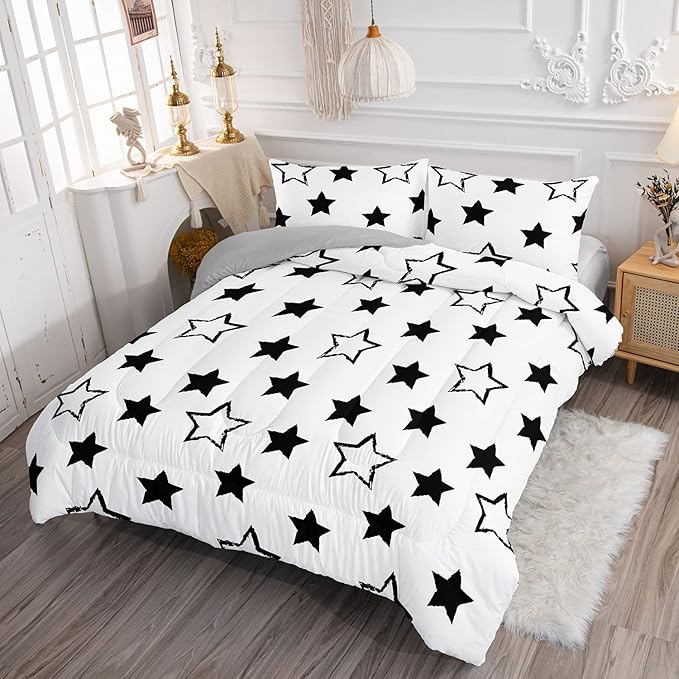 Axolotl Kids Queen Bedding Comforter Set,3Pcs Super Cute Soft Black and White Stars Quilt Set Bed in A Bag with 1 Comforter 2 Pillowcases for Kids Boys Girls Teens Adults Room Decor All Season