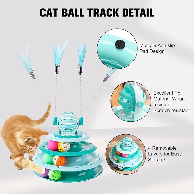2 in 1 Cat Interactive Toy Roller 3-Level Turntable Cat Toy Cat Slow Feeder Food Dispenser Cat Kitten Wand (Blue-C)