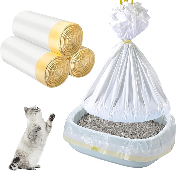 60 Count Cat Litter Box Liners with Drawstring,Replacement Cat Litter Bags,Leak-proof Self-Cleaning Cat Litter Box Liners,Thick Pet Kitty Poop Bag Trash Bag(26.5x16.7in)