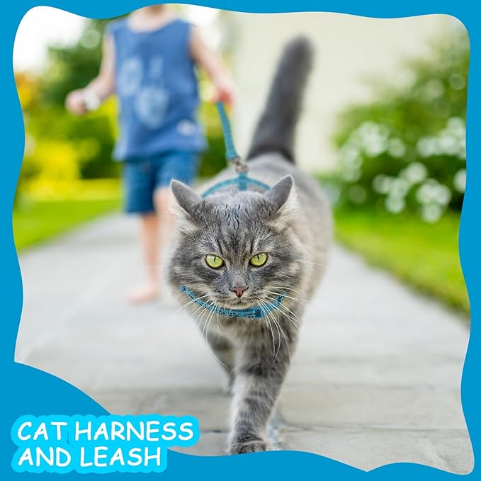 2 Pack Reflective Cat Harness and Leash Breakaway Cat Collars with Bells Escape Proof Cat Kitten Harness Adjustable for Small Medium Cats, Blue