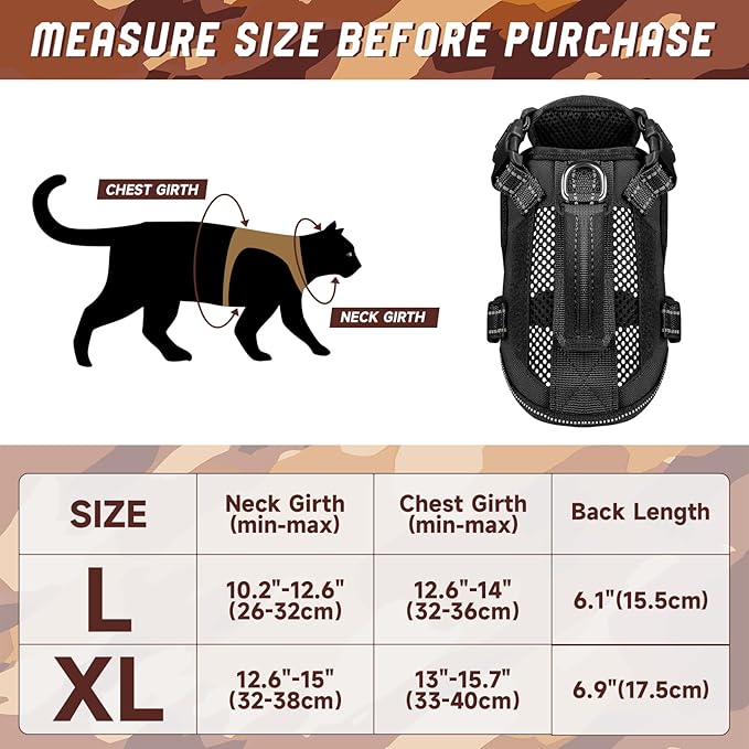 Tactical Cat Harness Leash, Air Mesh Cat Walking Vest Harness Escape Proof, Reflective Large Cat Harnesses with Handle for Adult Fat Cats (ABlack, XL)