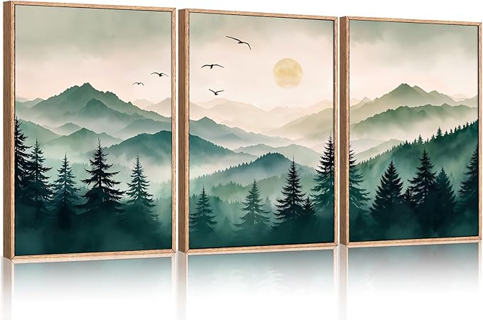 Ausril Misty Forest Framed Canvas Wall Art Set, Boho Mountain Landscape Wall Decor, Pine Tree Wall Painting, Nature Sunrise Art Prints for Living Room, Bedroom, Dining Room, Office - Large 16"x24"x3