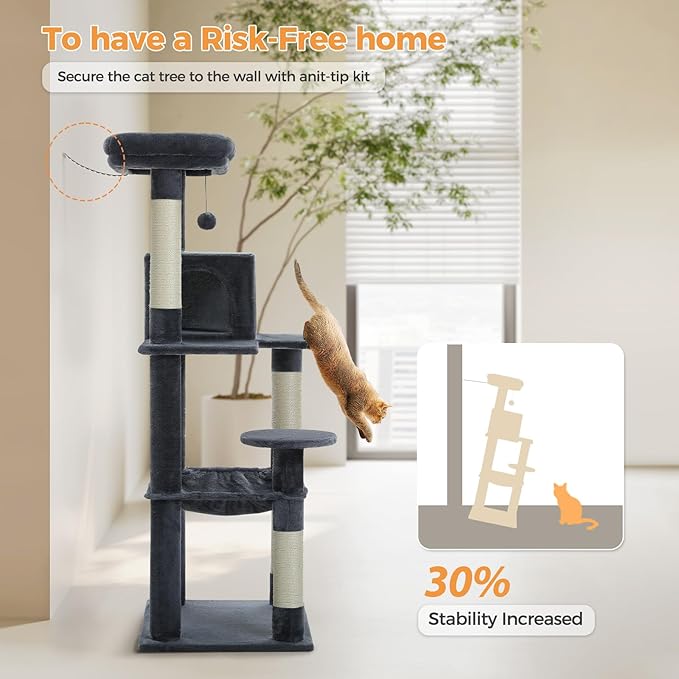 PETEPELA 56.3'' Tall Cat Tree for Indoor Cats, Multi-Level Cat Tower with Super Large Hammock (20''X16''), Sisal Covered Scratching Posts, Cozy Condo and Top Perch, Dark Grey