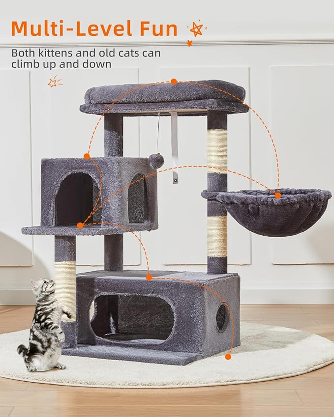 Taoqimiao Cat Tree,37.8-Inch Cat Tower for Indoor Cats,2 Luxurious cat condo with Adjustable Large Hanging Baskets and Large Luxurious Perch Smoky Gray MS029G