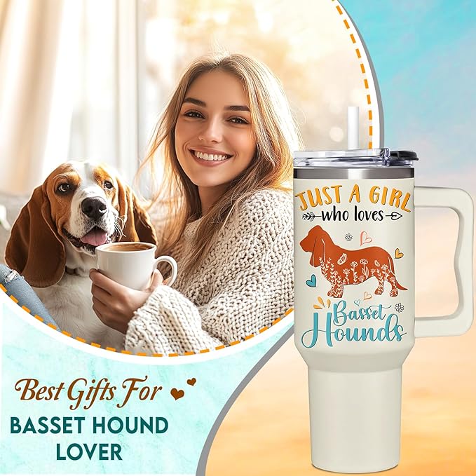 Basset Hound Gifts for Girls & Women, Christmas and Mother's Day Gifts for Basset Hound Lovers, Birthday Present Idea for Dog Owners, Dog Mom 40oz Tumbler with Handle & Straw