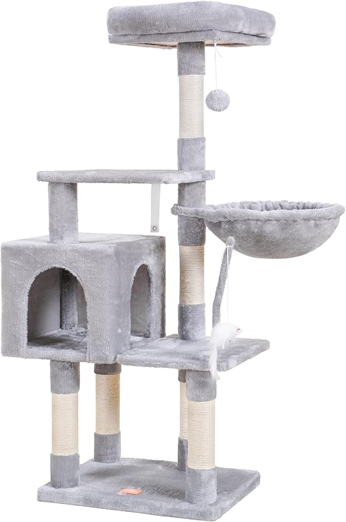 Heybly Cat Tree with Toy, Cat Tower condo for Indoor Cats, Cat House with Padded Plush Perch, Cozy Hammock and Sisal Scratching Posts, Light Gray HCT004W