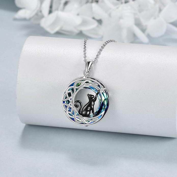 925Sterling Silver Moon Black Cat Necklace for Women Tree of Life Cat Jewelry for Women Abalone Necklace for Cat Lover Birthday