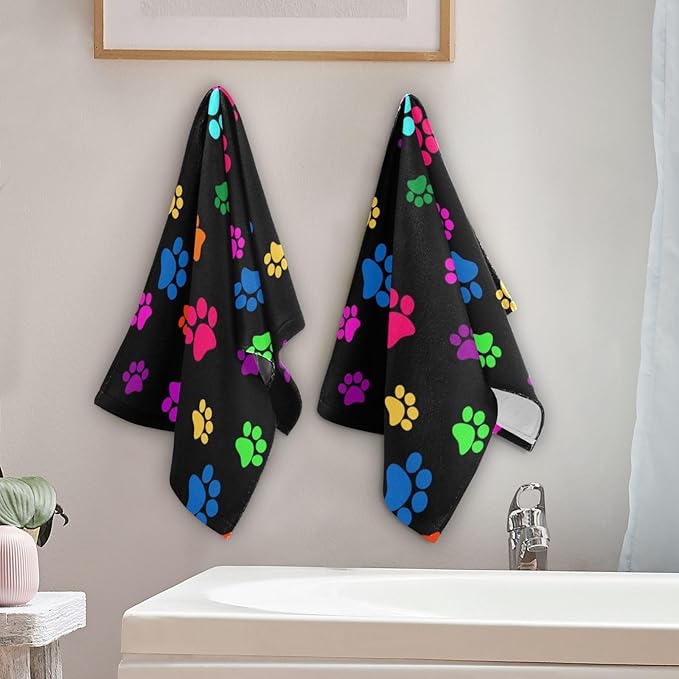 2 Pack Colorful Dog Cat Paws Print Hand Towels for Bathroom,Soft Absorbent Funny Animal Pet Paw Bath Hand Towels for Kitchen,Black Decorative Guest Bathroom Towels for Face,Shower,Gym 14"x28"