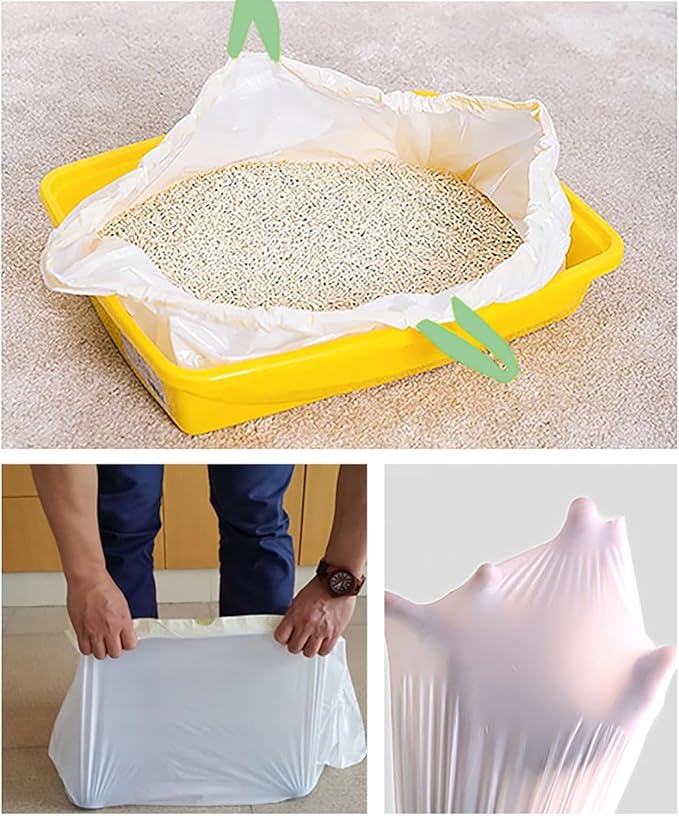 60 Count Cat Drawstring Litter Box Liners 26.6x16.7 inches 2Mils Super Thick White Cat Litter Waste Bags Poop Bags for Self-Cleaning Litter Box Cat Litter Pan Trays(Green Drawstring 60 count)