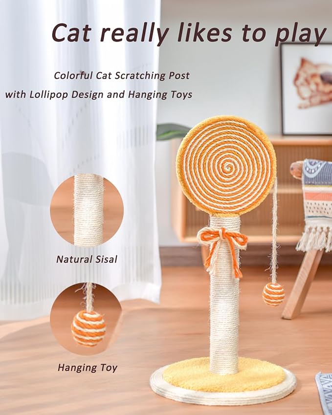 Cat Scratching Post, 22” Cute Kittens Scratch Posts with Hanging Ball, Sturdy Post & Stable Base, Ideal for Indoor Cats, Small & Large Sizes Kitty Available, Orange