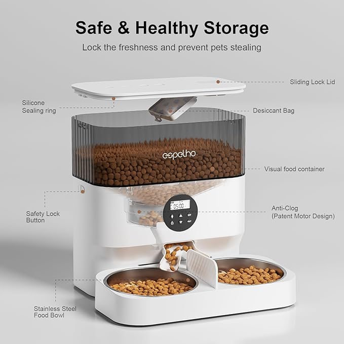 Automatic Cat Feeders for 2 Cats - 5L Timed Cat Food Dispenser with 2 Stainless Steel Bowls, 10s Meal Call Programmable Portion Control Pet Feeder with Desiccant Bag for Cats & Dogs