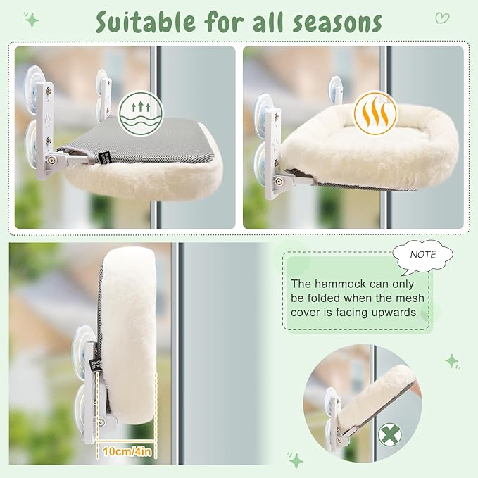 Sunhoo Cat Hammock Perch for Window Seat Bed Indoor Cats Lounger Window Sill Ledge Foldable Kitten Shelf Cordless No Drilling Washable Plush Cushion Heavy Duty Metal Frame 21 * 11.8 in Easy Assembly