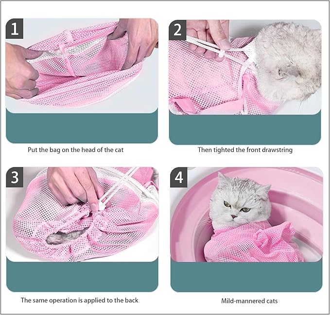Adjustable Multifunctional Anti-Bite Shower net Bag，Cat Grooming Mesh Bag, Cat Bathing Bag，Cat Bath Brush and Pet Finger Toothbrush(B-Pink)