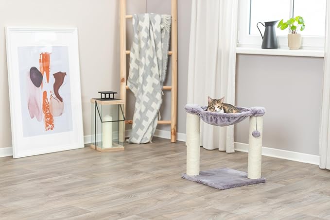 TRIXIE Baza 20-in Cat Scratching Posts, Durable Jute Cat Scratcher with Plush Hammock and Dangling Cat Toy, Gray