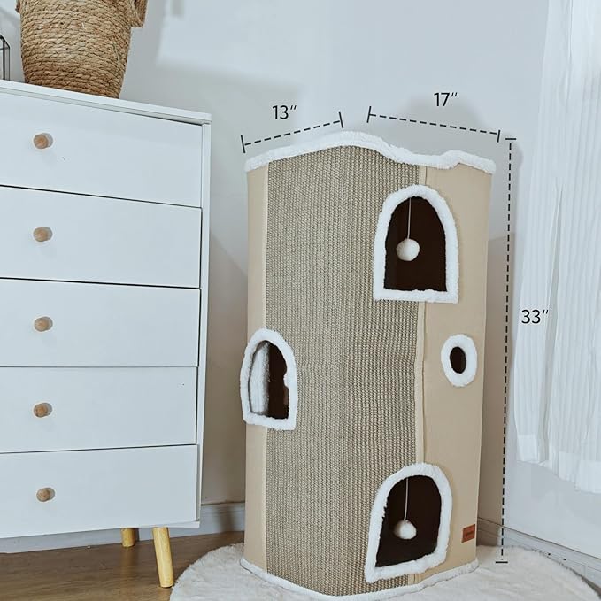 4-Level Cat House for Indoor Cats, Large Adult Cat Peekaboo Cave Bed Cats Cube Houses with Scratch Pad Cat Towers Cute Kitten Condo Hideaway Hut for Multi Pets Under 55 lbs Beige