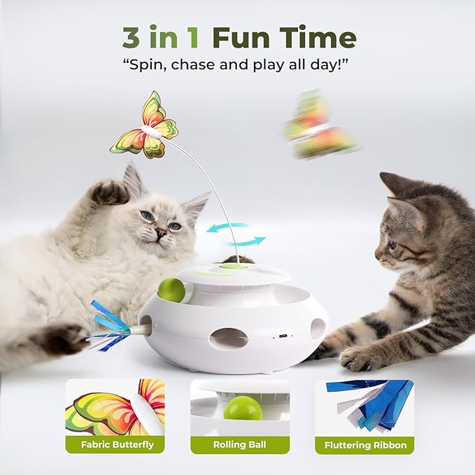 ALL FOR PAWS 3 in 1 Interactive Cat Butterfly Flutter Toy with Rolling Balls, Poping Feather Toy Automatic Kitten Spinner Toys Mental Stimulation for Indoor Cats, USB Rechargeable Kitty Toys