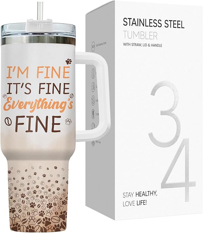 34HD Tuxedo Cat Tumbler 40oz Stainless Steel with Handle and Straw, It's Fine I'm Fine Mug, Funny Cat Travel Mug, Mothers Day Gifts for Tuxedo Mom