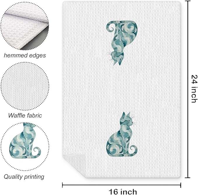 Abstract Blue Swirl Cat Kitchen Towel, Kitten Hand Towel Dish Towel, Pet Gifts for Women Mom Lady Girls, Cat Bathroom Kitchen Decor, 16x24 Inch