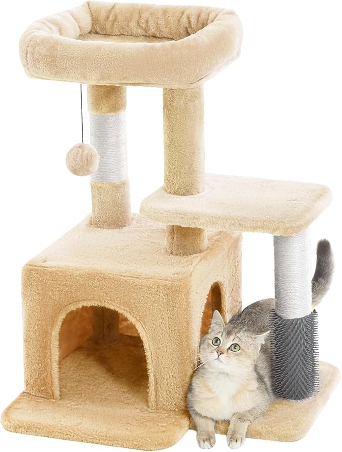 Pesofer Cat Tree, Small Cat Condo with Sisal Scratching Post and Massage Post Beige