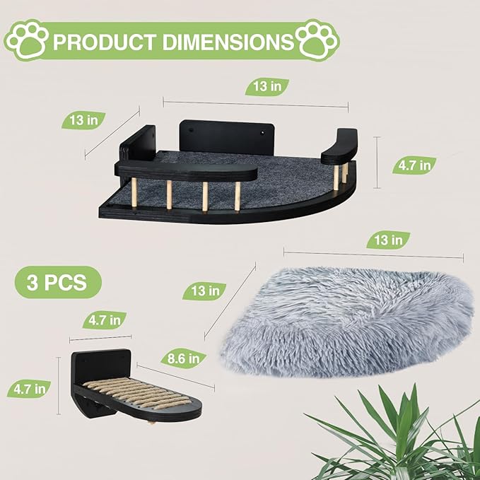 Cat Wall Furniture Set with Plush Cushion, Cat Hammock Cat Wall Shelves with 3 Cat Wall Steps, Cat Shelves and Perches for Wall Climbing Shelves for Indoor, Black Indoor Cat Shelves Wall Mount