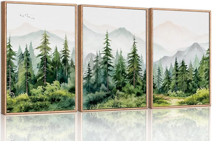 Ausril Watercolor Mountain Range Framed Canvas Wall Art Set, Green Forest Tree Wall Decor, Woodland Nursery Wall Painting, Modern Wilderness Art Print for Living Room, Bedroom, Office-16 x24 x3
