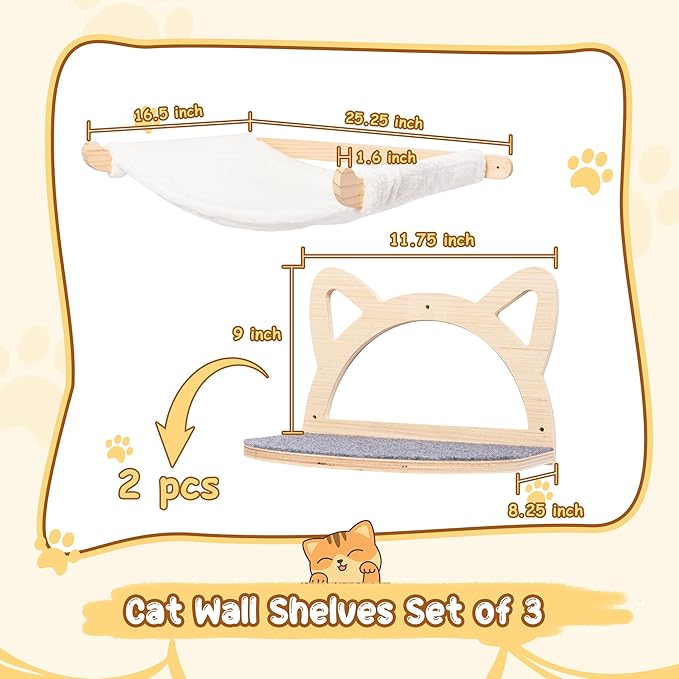 Defined Deco Cat Wall Shelves, Wall Mounted Cat Shelves and Perches with XXL Cat Hammock and 2 Cat Climbing Steps, Cat Furniture with Scratching Climbing Mat for Playing, Sleeping, and Lounging