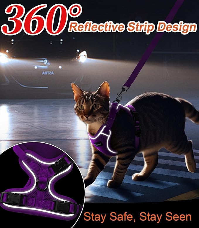 Cat Harness and Leash for Walking Escape Proof Soft Adjustable Cat Leash Breathable Comfortable Vest Easy to Wear Kitten Harness for Outdoor Travel Purple M