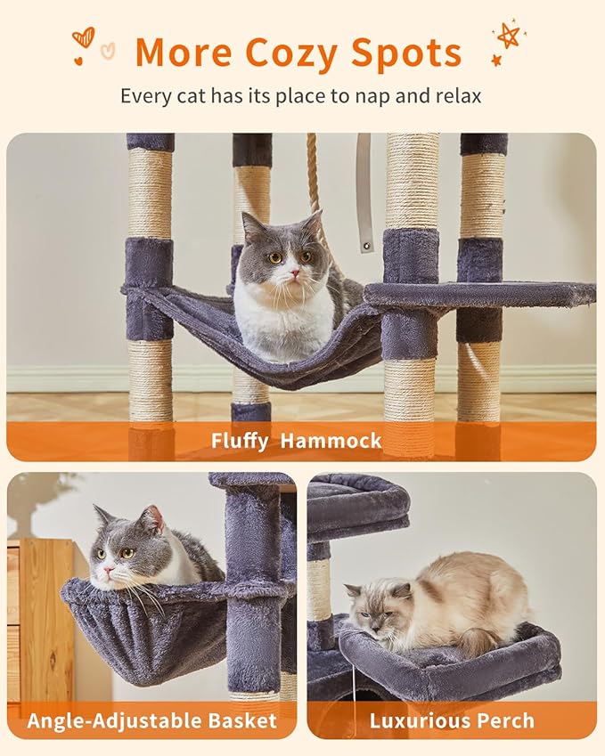 Taoqimiao Cat Tree, 66.2-Inch Cat Tower for Indoor Cats, Plush Multi-Level Cat Condo with 12 Scratching Posts, 2 Perches, 2 Caves, Hammock, 2 Pompoms, Smoky Gray MS013G