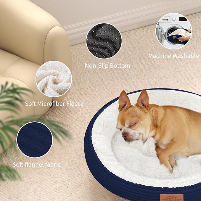 30in Round Cat Dog Bed for Large Medium Small Dogs Cats, Machine Washable Sleeping Sofa, Non-Slip Bottom Breathable Soft Calming Pet Cuddler for Indoor/Outdoor/Car/Cage, Navy Blue