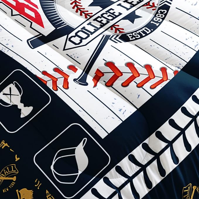 Baseball League Kids Comforter Bedding Set for Boys Girls,Cartoon Baseball Glove Baseball Cap and Suture Comforter with 2 Pillowcases(Baseball League Full)