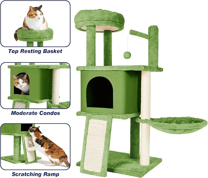36.6" Medium Cat Tree House for Indoor Cats Soft Plush Multi-Level Cat Condo House with Hammock, Scratching Post, Green