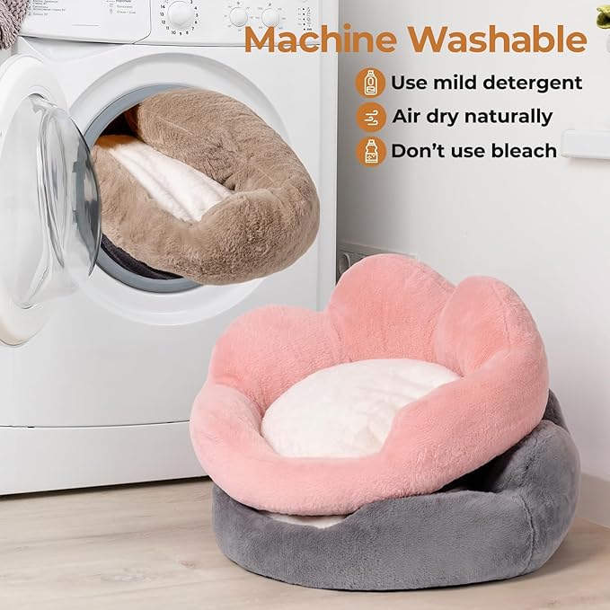 MEWOOFUN Cat Beds for Indoor Cats, Cozy Cute Cat Couch Bed Washable, Round Fluffy Small Dog Beds with Anti-Slip Bottom, Puppy Bed for Small Animals (Khaki, 23")