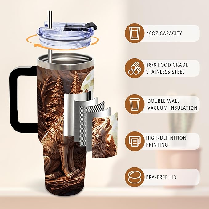 40 Oz Wolf Tumbler with Handle and Straw, Cool Stainless Steel Insulated Tumblers for Women Men, Birthday Gifts for Wolf Lovers Brother Dad