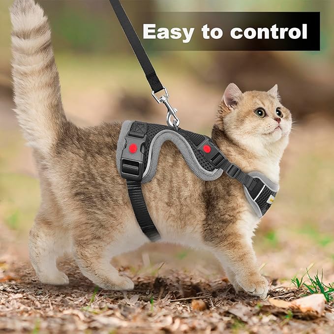 Cat Harness and Leash for Walking, Retractable Cat Harnesses and Leash Set Escape Proof, Breathable Soft Kitten Harness Small Large Cat Harness for Travel Training and Walking, Black, S