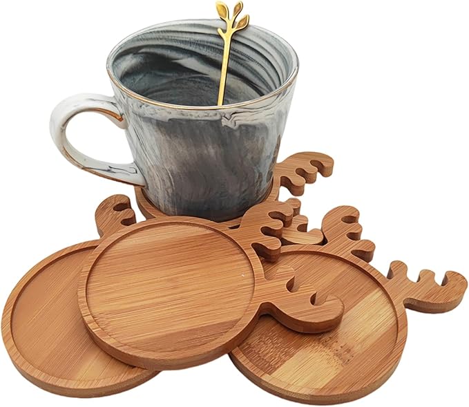 4PCS Mosaic Bamboo Coasters for Crafts, Blank Base Trays, Drinking Cup Coaster, Plant Coaster, Art Plate,DIY Mosaic Supplies (Deer)