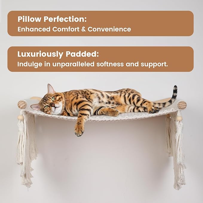 Cat Wall Shelves & Hammock - Comfy Cat Beds with Window Perch for Indoor Fun, Durable Wood & Macrame Cotton Ropes (21.6 * 11.8 Inches) for Sleeping & Climbing