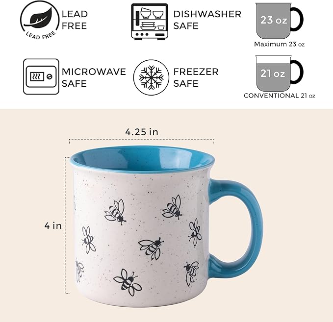 AmorArc 22 OZ Large Ceramic Coffee Mugs, Oversized Soup Cups With Big Handle for Men Women Dad Mom, Big Mug With Textured Bees Patterns for Office & Home -Microwave Safe, 2 Pcs-Blue